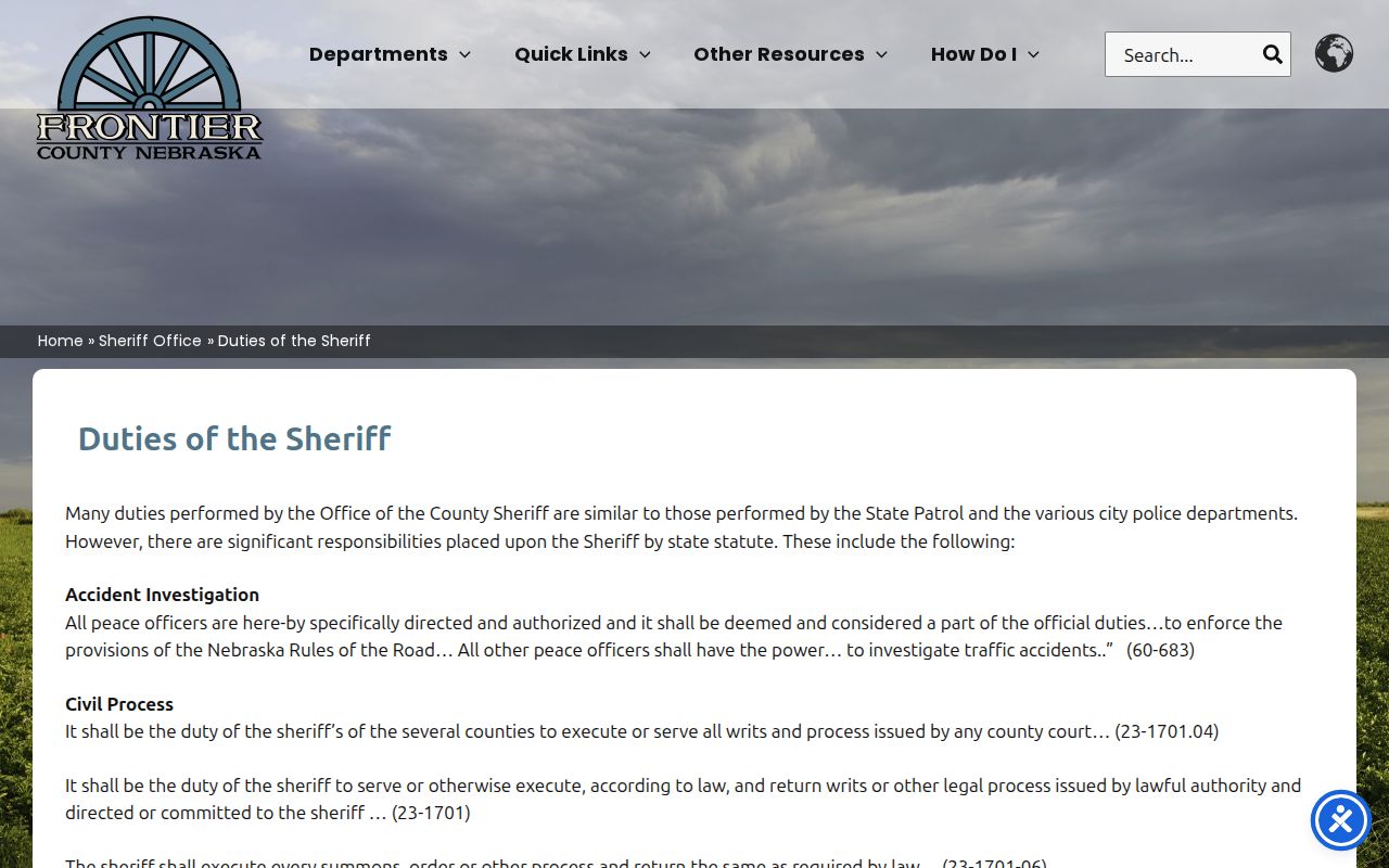 Frontier County sheriff statutory process and arrest warrant duties